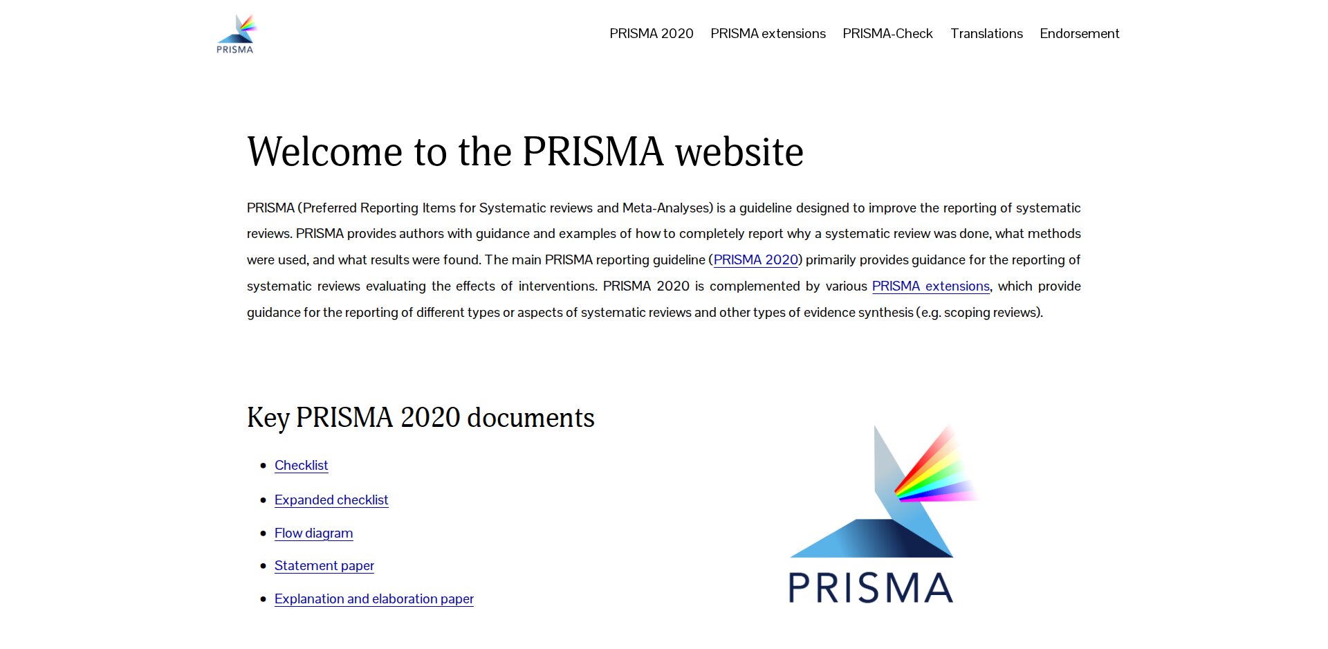 Página inicial do site prisma-statement.org com o menu PRISMA 2020, PRISMA extensions, PRISMA-Check, Translations e Endorsement