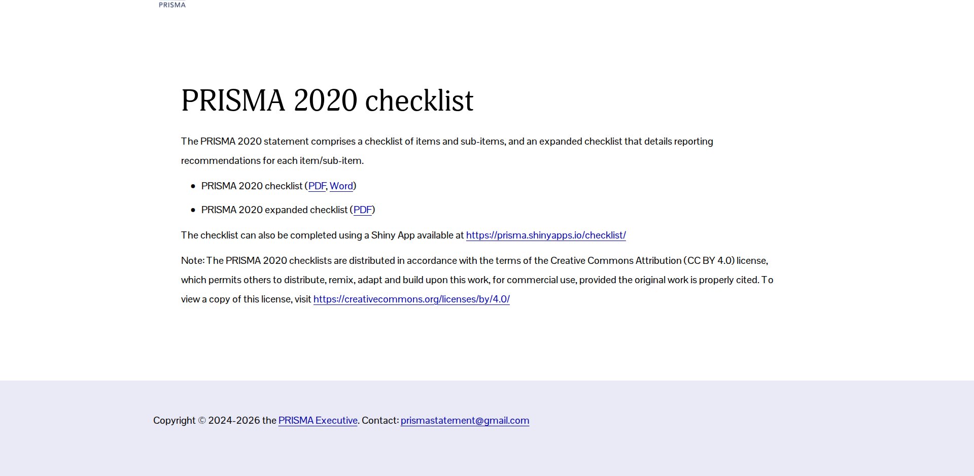 Página PRISMA 2020 checklist do site oficial, com a checklist em PDF e Word, a checklist expandida e o link para o Shiny app