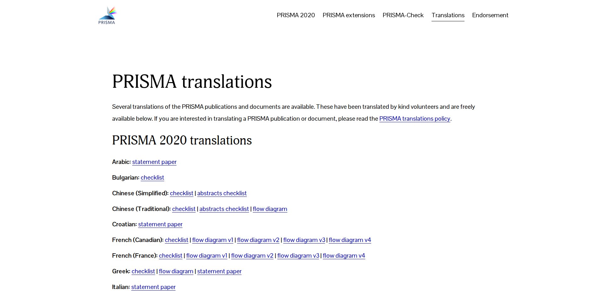 Página de traduções do site oficial do PRISMA com as entradas Português (Brasil) e Português (Europeu)