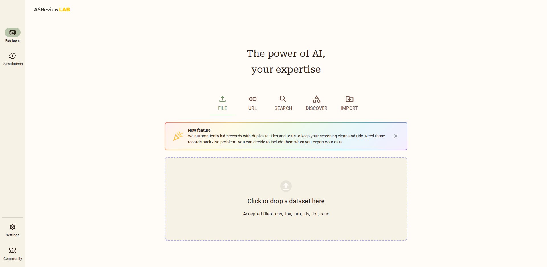 ASReview LAB 3.0.8, tela Reviews, com as abas FILE, URL, SEARCH, DISCOVER e IMPORT e o aviso sobre duplicatas ocultas