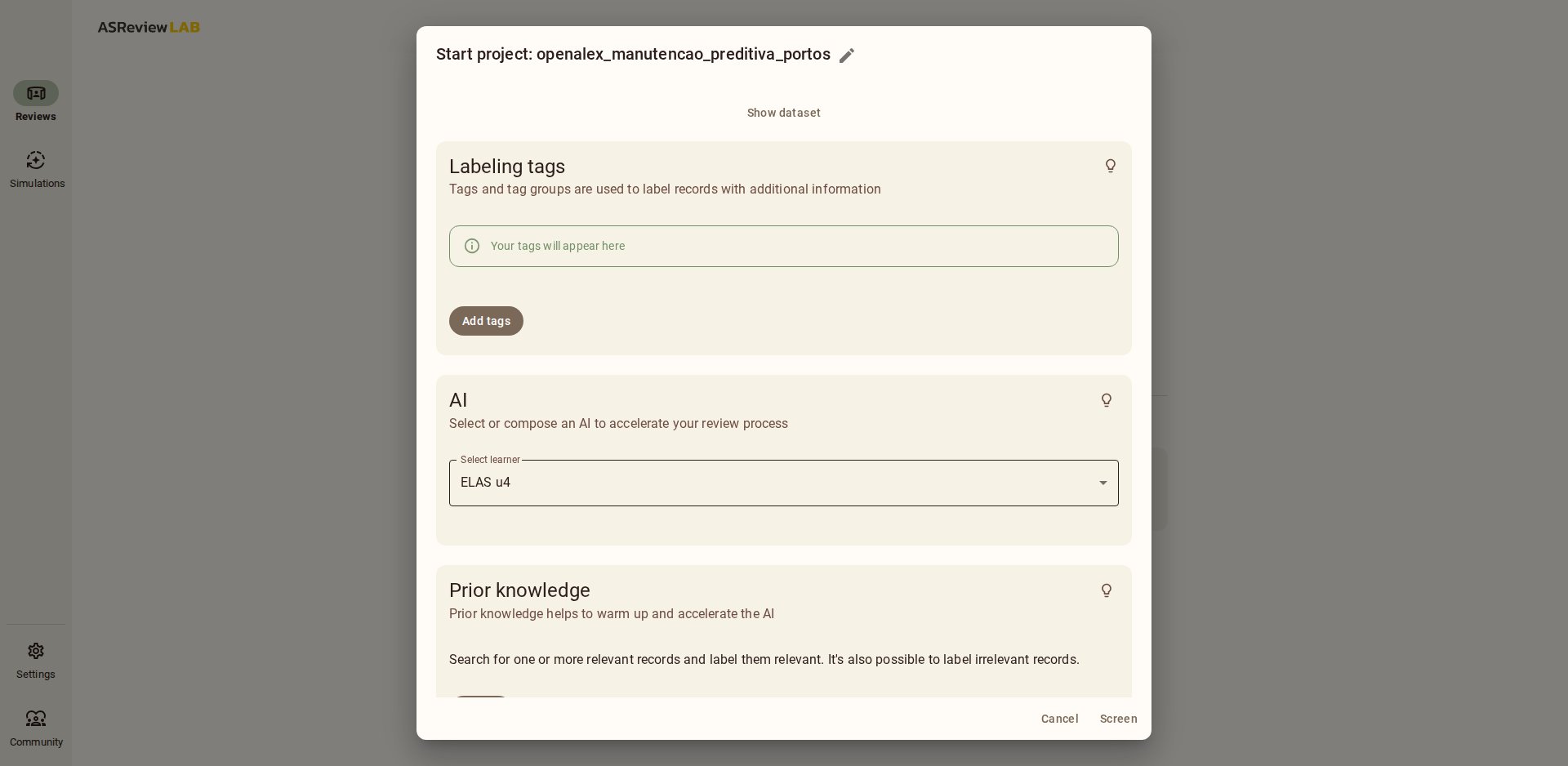 Painel Show options do ASReview com as seções Labeling tags, AI (ELAS u4) e Prior knowledge