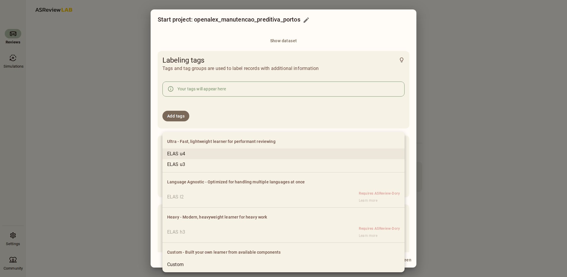 Menu Select learner do ASReview com as famílias Ultra (ELAS u4, u3), Language Agnostic (ELAS l2), Heavy (ELAS h3) e Custom