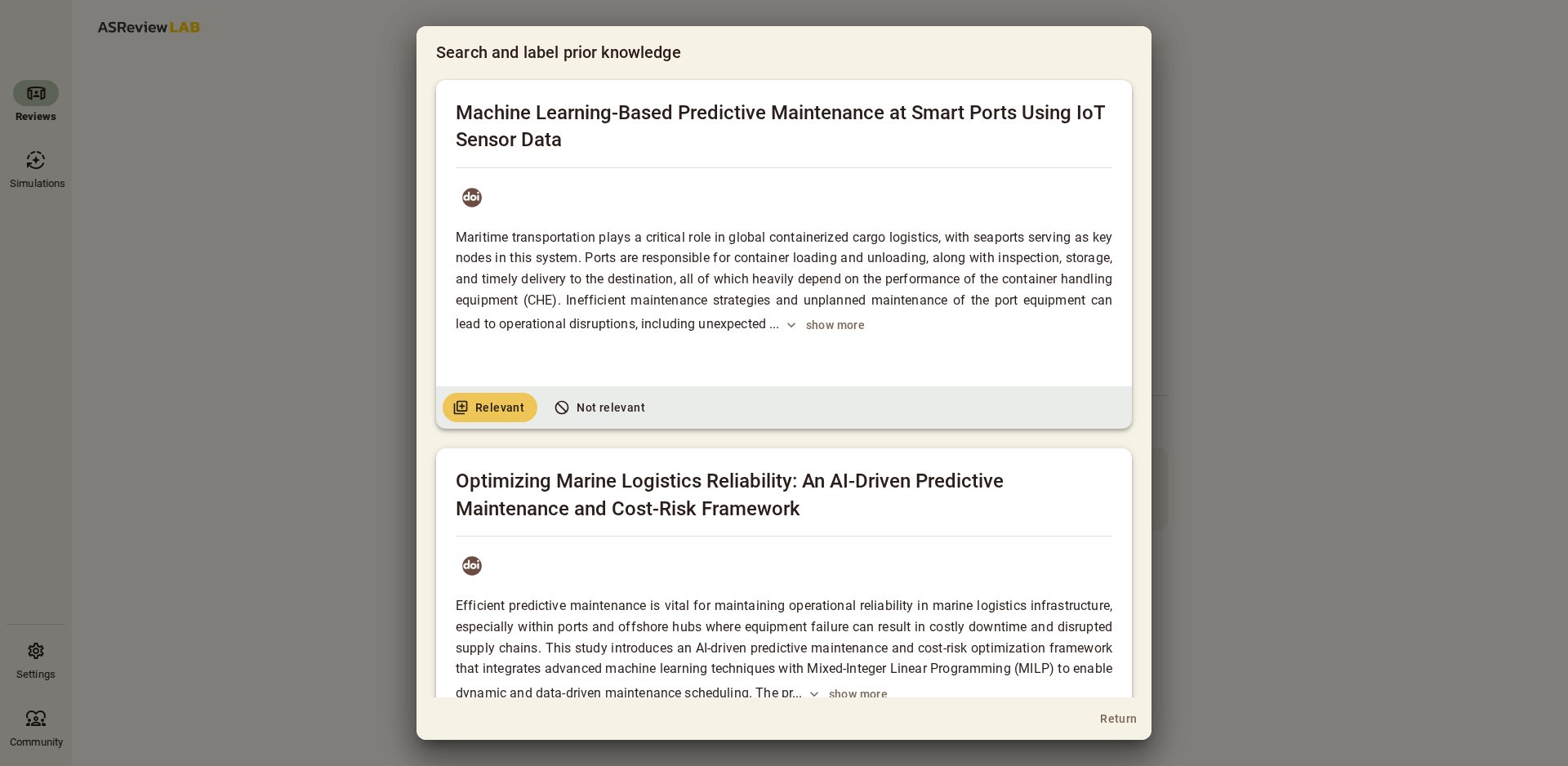 Diálogo Search and label prior knowledge do ASReview com um registro marcado como Relevant