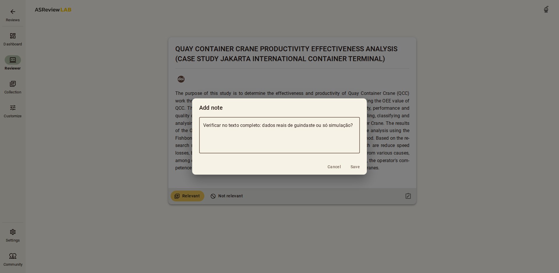 Diálogo Add note do ASReview com os botões Cancel e Save