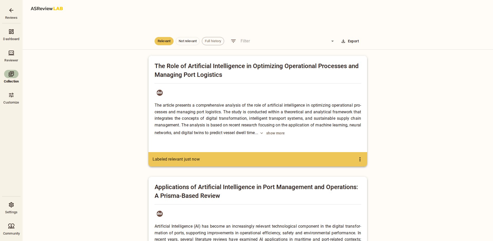 Tela Collection do ASReview com os filtros Relevant, Not relevant e Full history, o campo Filter, o botão Export e um registro com o aviso de conhecimento prévio
