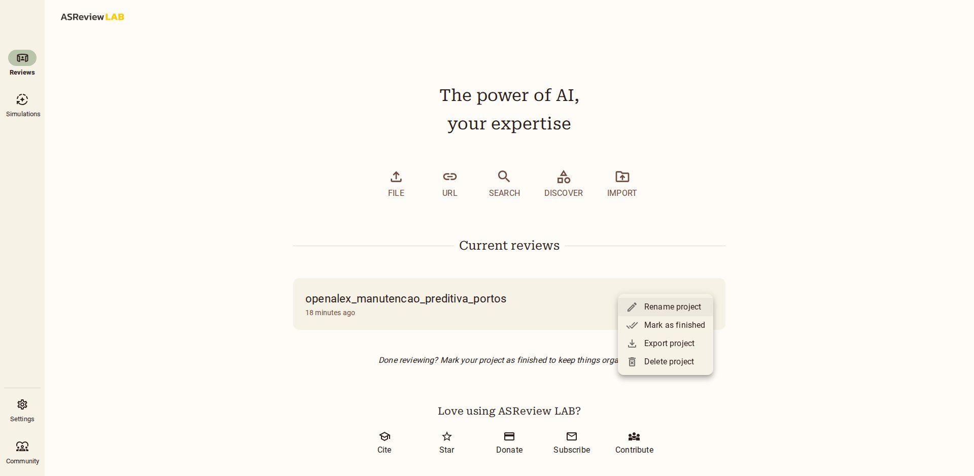 Menu de opções do projeto na lista de reviews: Rename project, Export project e Delete project
