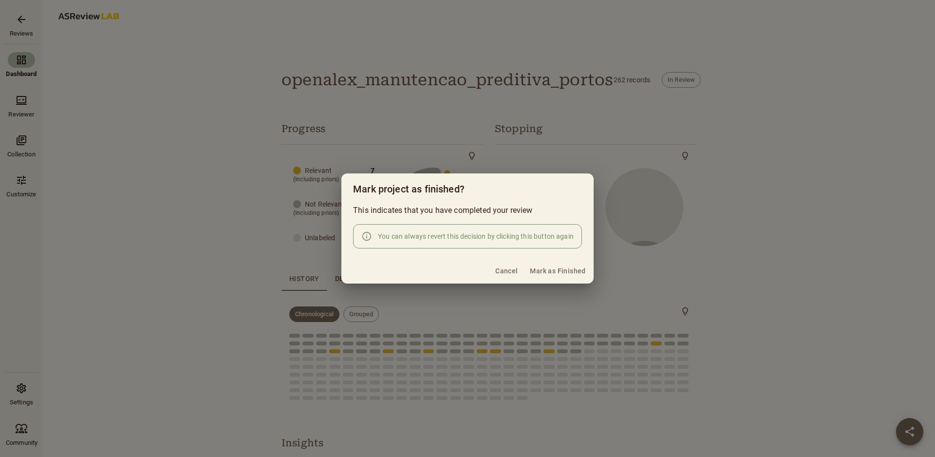 Diálogo Mark project as finished? do ASReview com os botões Cancel e Mark as Finished