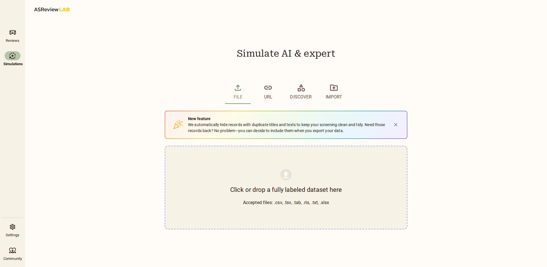 Tela Simulations do ASReview: Simulate AI & expert, área para soltar um dataset totalmente rotulado