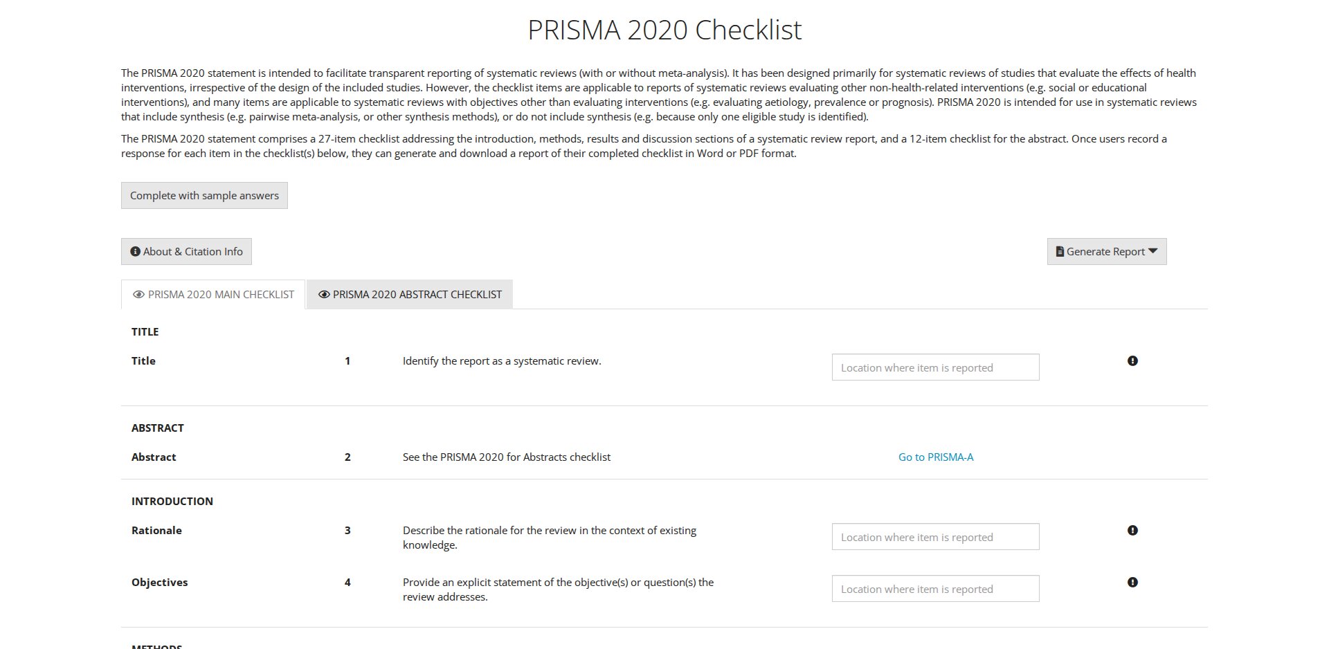 App da checklist PRISMA 2020 em prisma.shinyapps.io/checklist, com os 27 itens do artigo e os 12 do resumo e o botão Generate Report